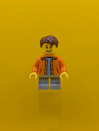 Orange Jacket cty0440 with Hood over Light Blue Sweater, Light Bluish Gray Short Legs, Reddish Brown Short Tousled Hair City Lego Minifigure