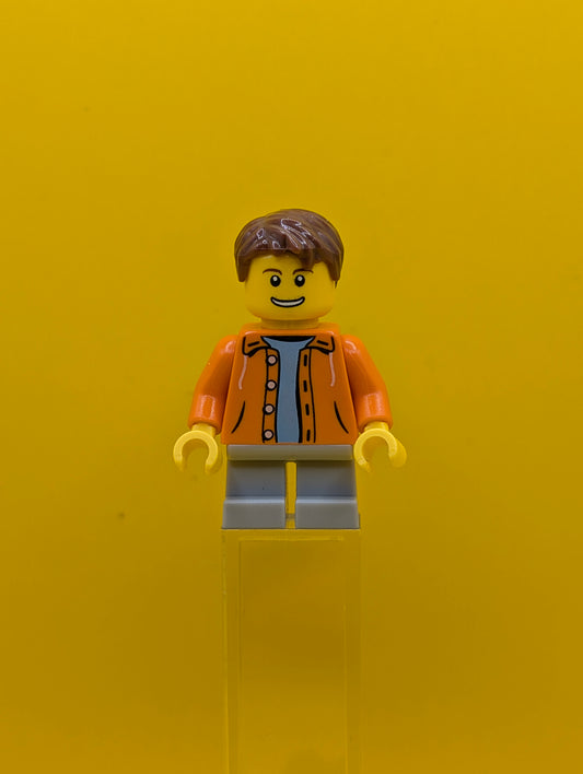 Orange Jacket cty0440 with Hood over Light Blue Sweater, Light Bluish Gray Short Legs, Reddish Brown Short Tousled Hair City Lego Minifigure