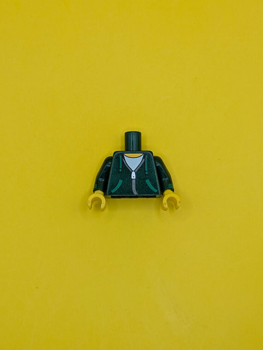 Torso Hoodie with Green Ties and Pockets, Silver Zipper over White Shirt Pattern / Dark Green Arms with Green Cuffs Pattern / Yellow Hands 973pb2789c01 Lego