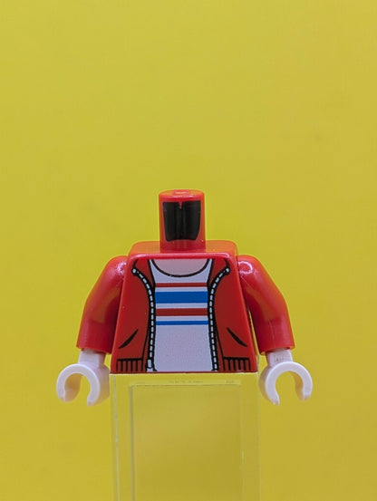 973pb3231c01 Torso Hoodie with Zipper, Light Nougat Neck, White Shirt with Red and Blue Stripes Pattern / Red Arms / Light Nougat Hands Lego