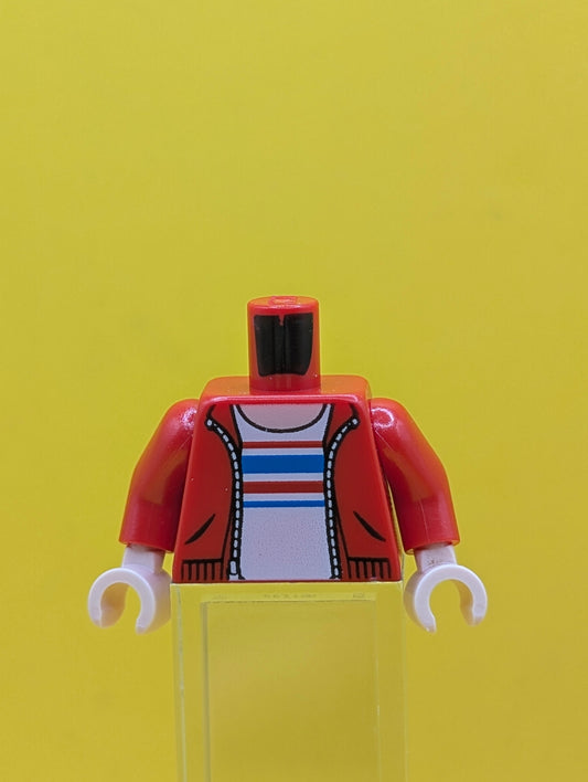 973pb3231c01 Torso Hoodie with Zipper, Light Nougat Neck, White Shirt with Red and Blue Stripes Pattern / Red Arms / Light Nougat Hands Lego