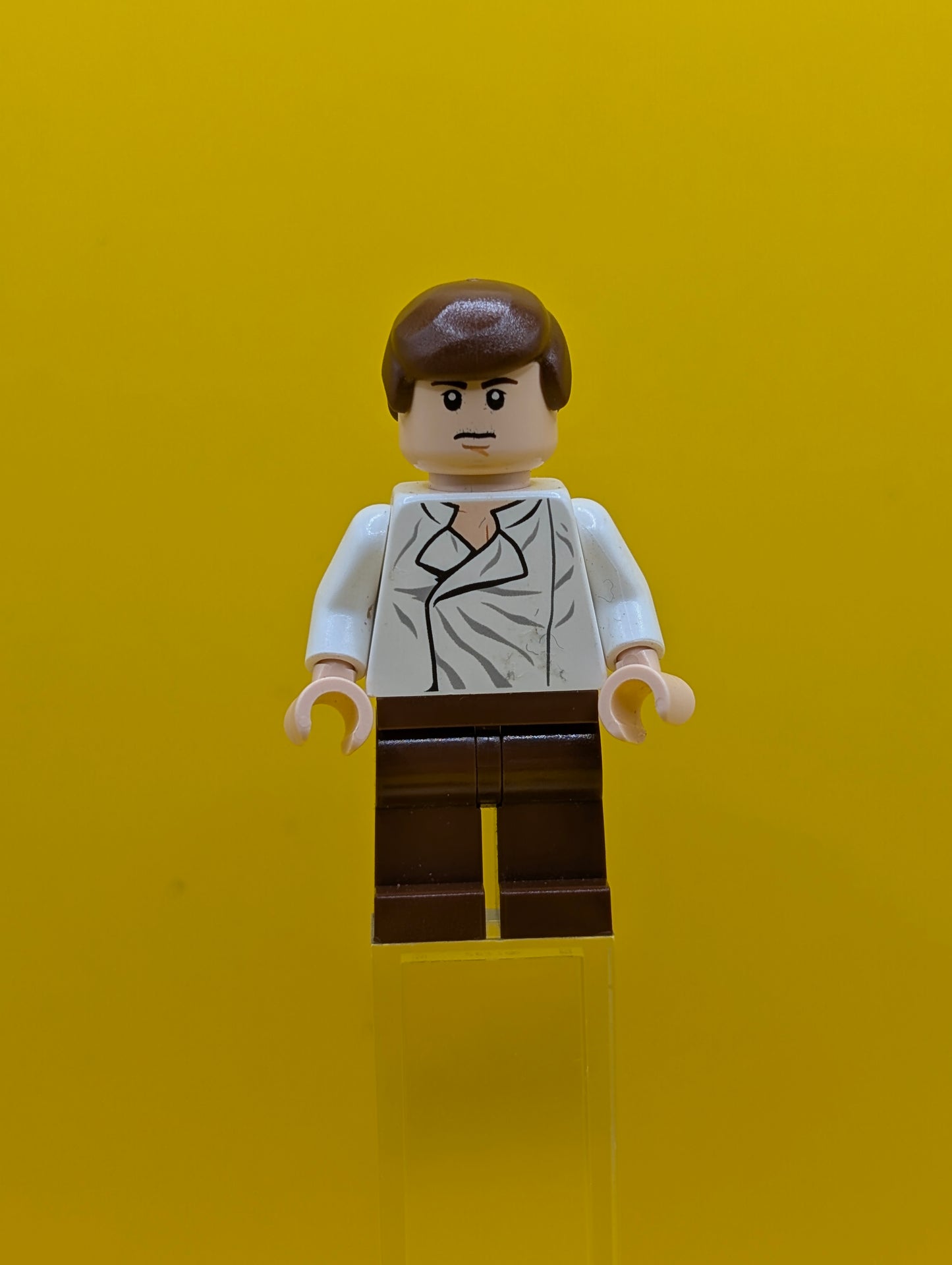 Han Solo sw0403 White Shirt with Wrinkles on Front, Reddish Brown Legs, Dual Sided Head Star Wars Lego Minifigure