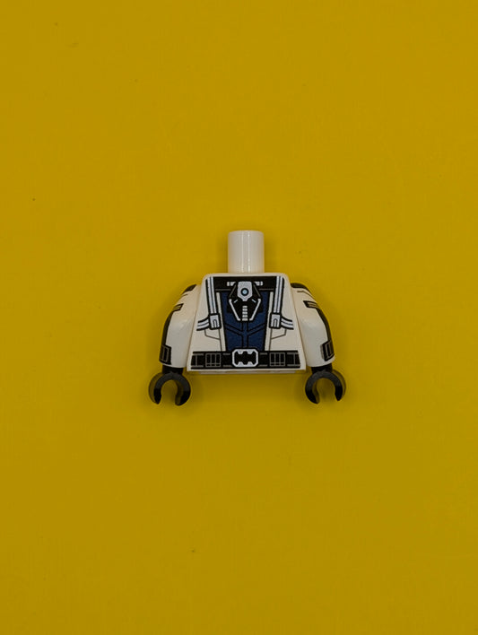 Torso Armor with Dark Blue Center Panel, Silver Trim, Black Collar, and Metallic Light Blue Dots, Utility Belt Pattern / White Arms with Black Cuffs, Dark Blue Armor, Metallic Light Blue Dots, and Silver Trim Pattern / Black Hands 973pb5395c01 Lego
