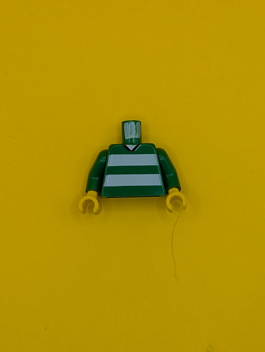 Torso Soccer Uniform Shirt with White Horizontal Stripes, Neck, and Number 10 on Back Pattern / Green Arms / Yellow Hands 973pb0365c01 Lego