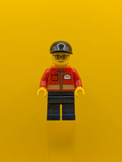 Post Office twn145 White Envelope and Stripe, Dark Blue Legs, Black Short Bill Cap City Lego Minifigure
