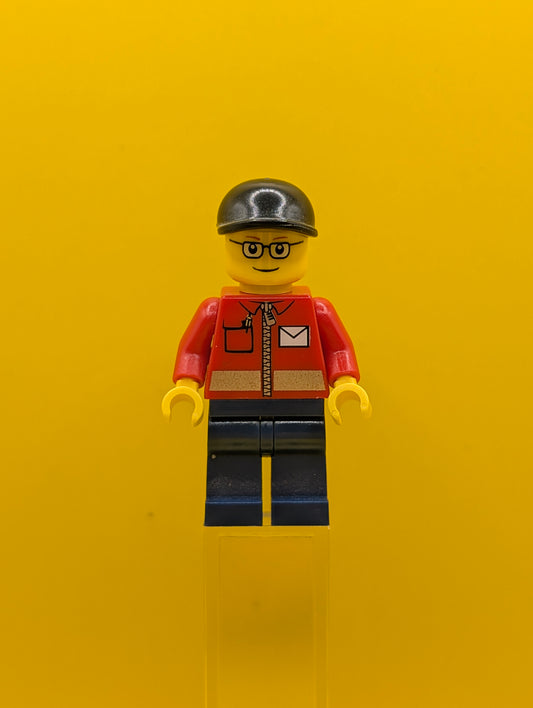 Post Office twn145 White Envelope and Stripe, Dark Blue Legs, Black Short Bill Cap City Lego Minifigure