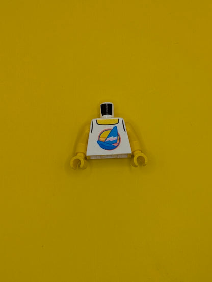 973pb3572c01 Torso Tank Top with Dark Azure Sailboat with Bright Pink and White Stripes in Circle, Yellow Neck Pattern / Yellow Arms / Yellow Hands Lego Part