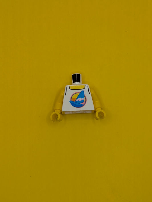 973pb3572c01 Torso Tank Top with Dark Azure Sailboat with Bright Pink and White Stripes in Circle, Yellow Neck Pattern / Yellow Arms / Yellow Hands Lego Part