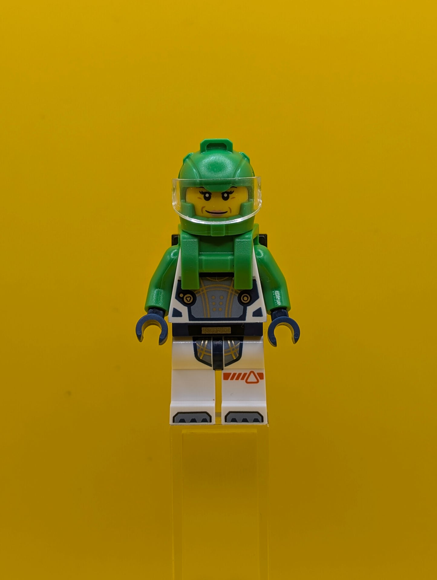 Astronaut cty1753 Female, White Spacesuit with Bright Green Arms, Bright Green Helmet, Trans-Clear Visor, Bright Green Harness with Solar Panel, Closed Mouth City Lego Minifigure