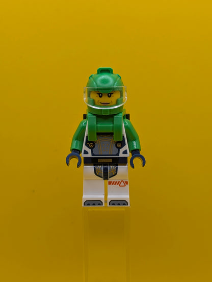 Astronaut cty1753 Female, White Spacesuit with Bright Green Arms, Bright Green Helmet, Trans-Clear Visor, Bright Green Harness with Solar Panel, Closed Mouth City Lego Minifigure