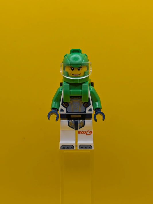 Astronaut cty1753 Female, White Spacesuit with Bright Green Arms, Bright Green Helmet, Trans-Clear Visor, Bright Green Harness with Solar Panel, Closed Mouth City Lego Minifigure