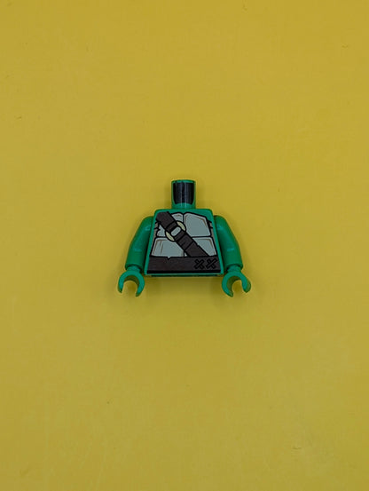 973pb1369c01 Torso Tan and Dark Tan Turtle Shell, Dark Brown Belt and Strap with Gold Ring Pattern / Bright Green Arms / Bright Green Hands Lego Part