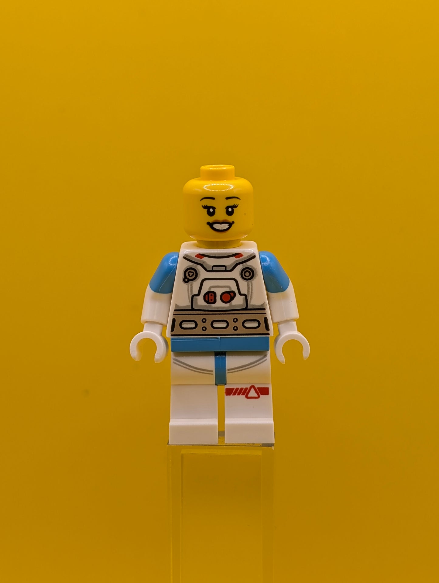 Lunar Research Astronaut cty1409 Female, White and Dark Azure Suit, White Helmet, Metallic Gold Visor, Backpack Clips, Open Mouth Smile City Lego Minifigure