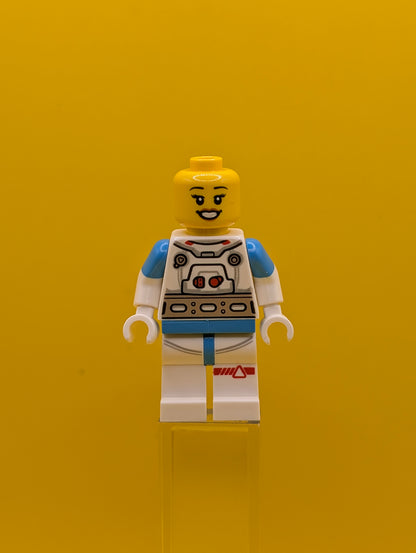 Lunar Research Astronaut cty1409 Female, White and Dark Azure Suit, White Helmet, Metallic Gold Visor, Backpack Clips, Open Mouth Smile City Lego Minifigure