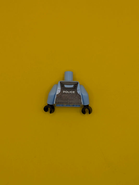 Torso Police Black Pilot Safety Vest with Police Badge and Dark Bluish Gray Pockets Pattern / Bright Light Blue Arms / Black Hands 973pb3376c01 Lego