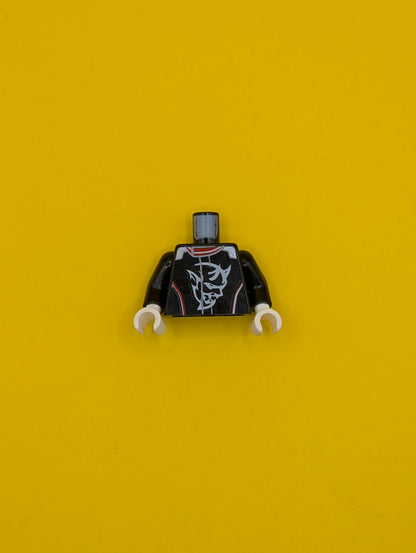 973pb3427c01 Torso Racing Suit with Demon Logo, White and Red Stripes Pattern / Black Arms / White Hands Lego Part