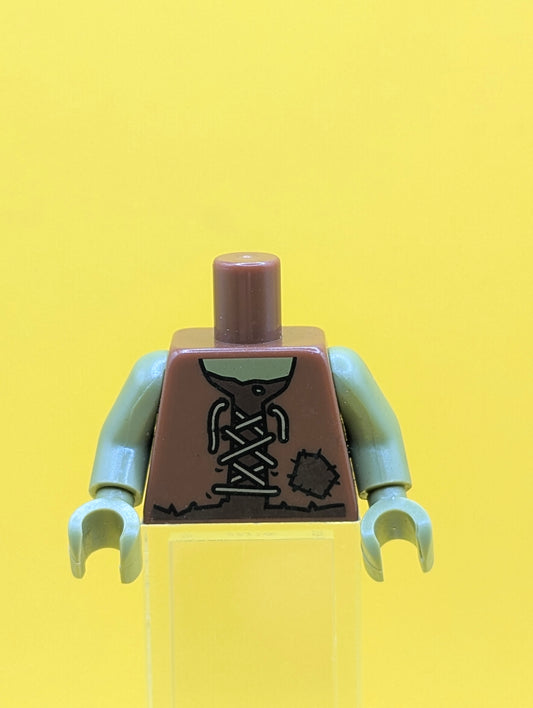 973pb1853c01 Torso Vest Tattered with Laces and Patch over Dark Brown Shirt Pattern / Olive Green Arms / Olive Green Hands Lego