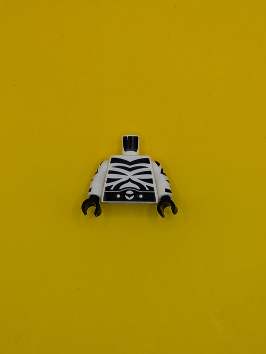 973pb2628c01 Torso Super Hero with Black Zebra Stripes and Belt on Front and Back Pattern / White Arms with Black Zebra Stripes Pattern / Black Hands Lego Part