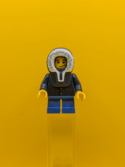 Plaid Button Shirt twn125 Blue Short Legs, Dark Blue Hood, Lopsided Smile with Dimple City Lego Minifigure
