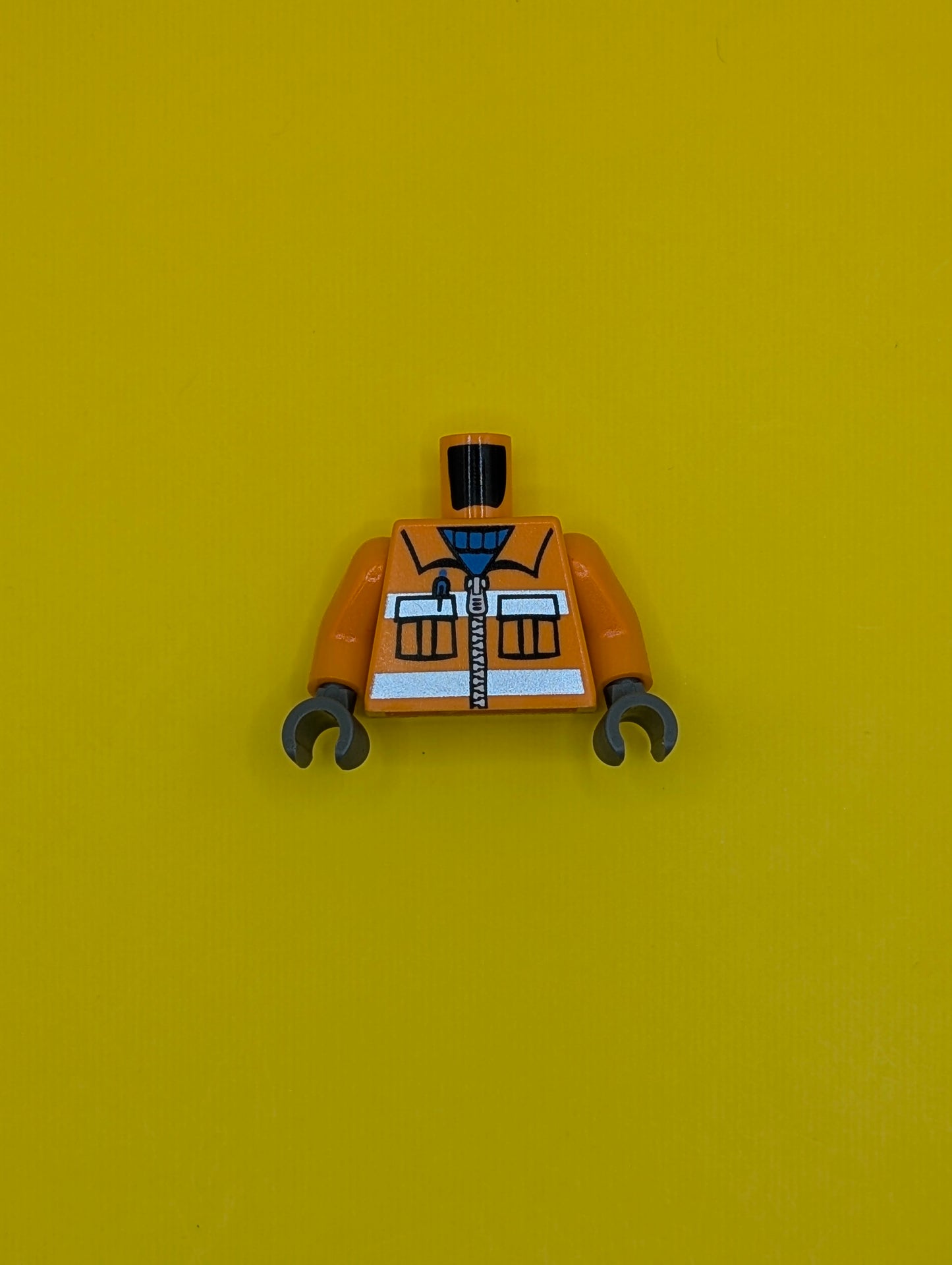 Torso Construction Uniform Shirt with Pockets and Silver Zipper and Reflective Stripes over Blue Sweater Pattern / Orange Arms / Dark Bluish Gray Hands 973pb0263c02 Lego